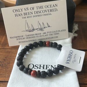 Oshena Designer Beachwear Black Lava Stone & Red Jasper Beaded Bracelet UNISEX